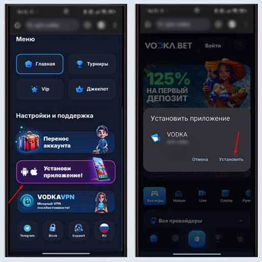 Установка приложения Vodka Casino